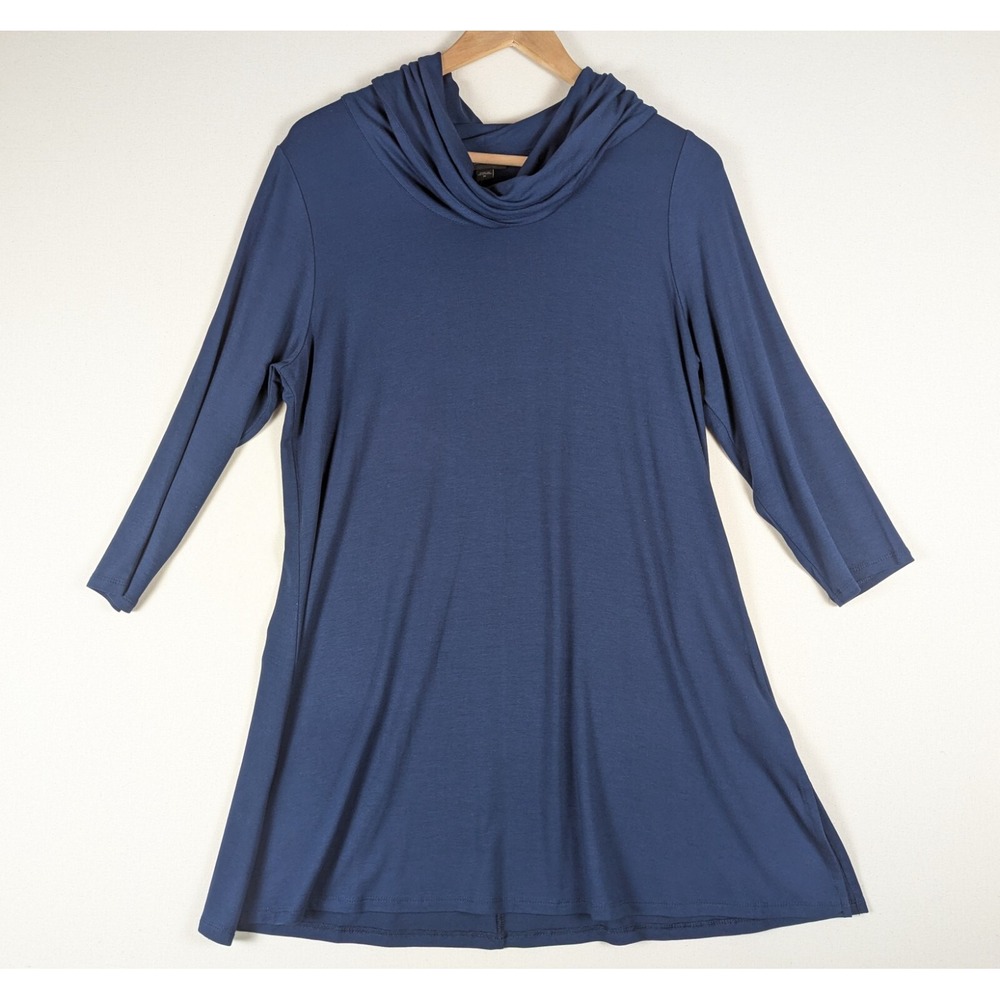 J Jill Top Women Medium Blue Long Tunic Cowl Neck 3/4 Sleeve Monochrome Relaxed